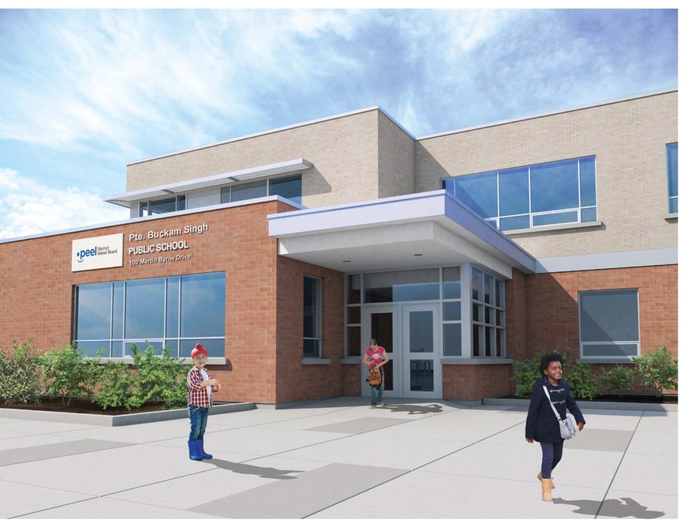 Digital rendering of a modern public school building with clear skies, featuring two students and an adult walking by.