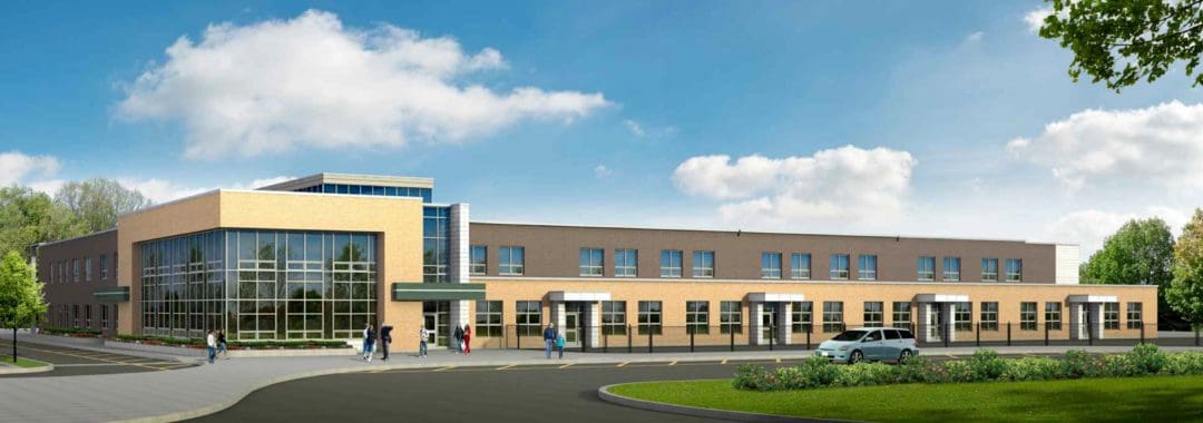 Rendering of a modern school building with a glass entrance, surrounded by trees under a clear sky, with people and a car in front.