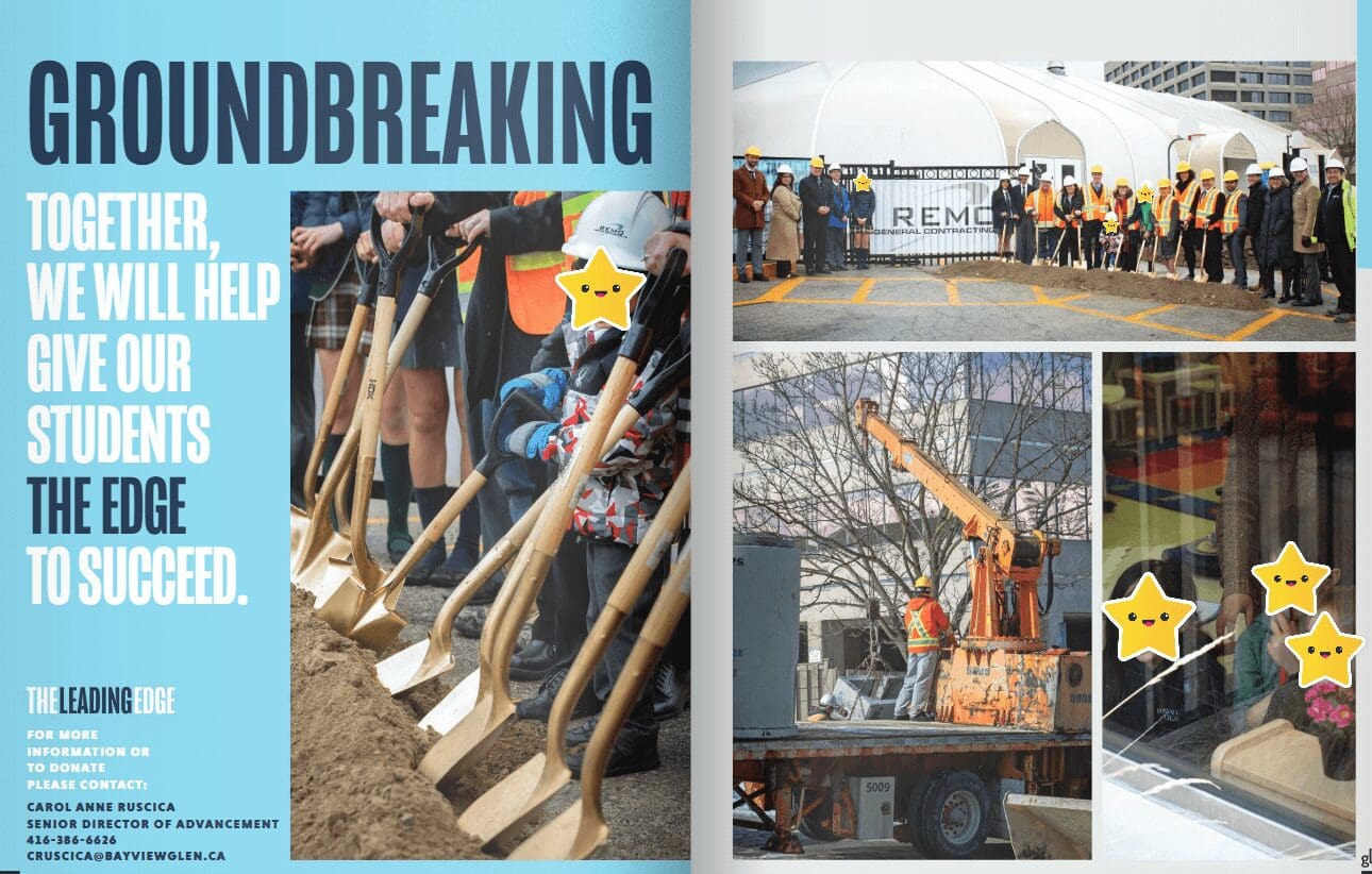 Two-page magazine spread featuring construction images; left side shows workers digging with shovels, right side a crane on a city street, with descriptive text and a header titled "GROUNDBREAKING.