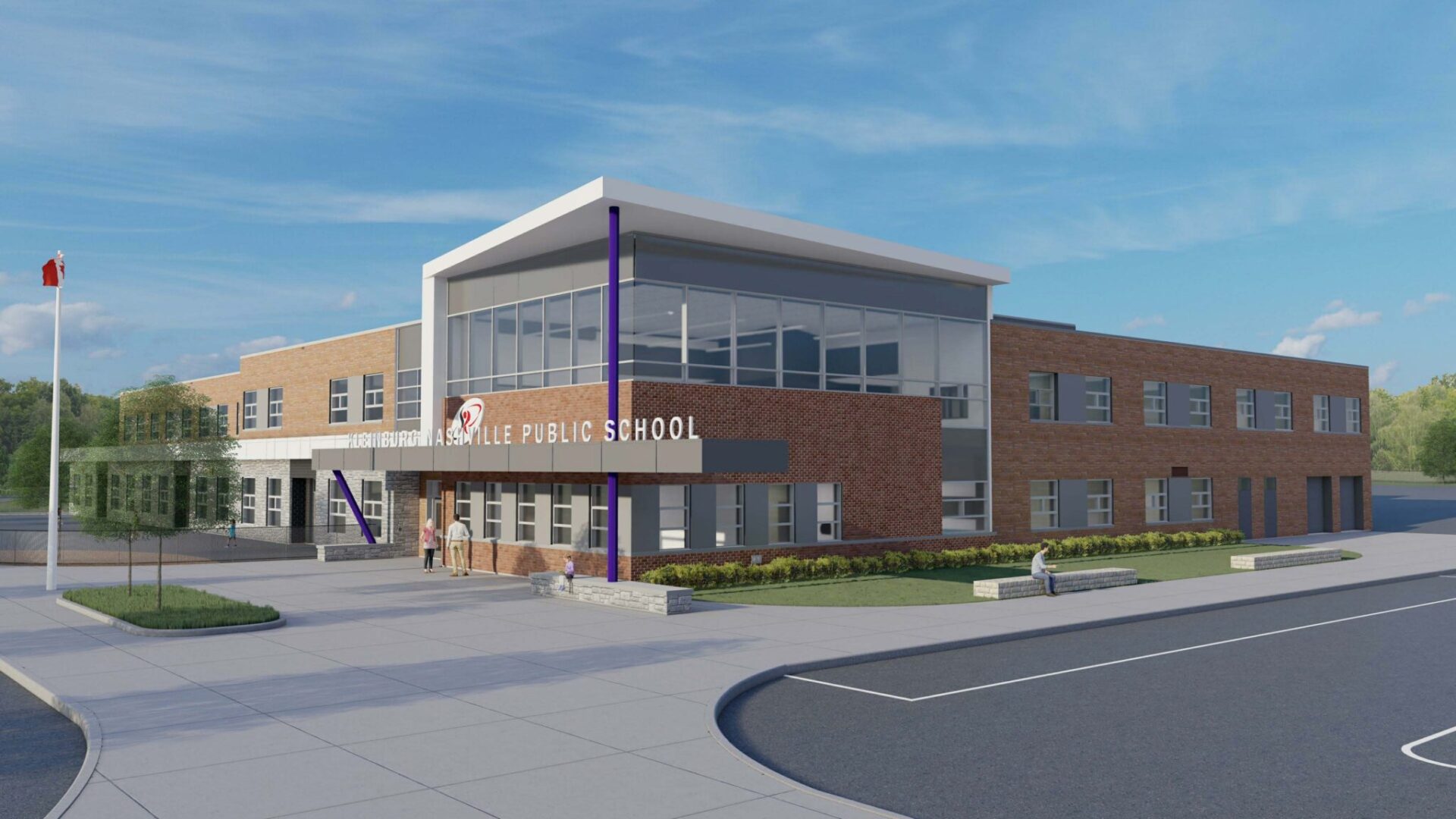 Digital rendering of Greendale Public School showing a two-story brick building with a glass entrance and a Canadian flag.