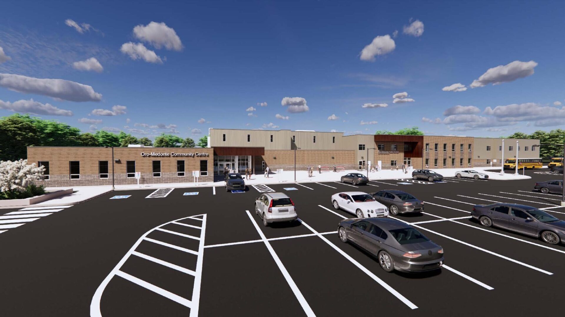 3D rendering of a modern community center with a spacious parking lot under a clear sky.